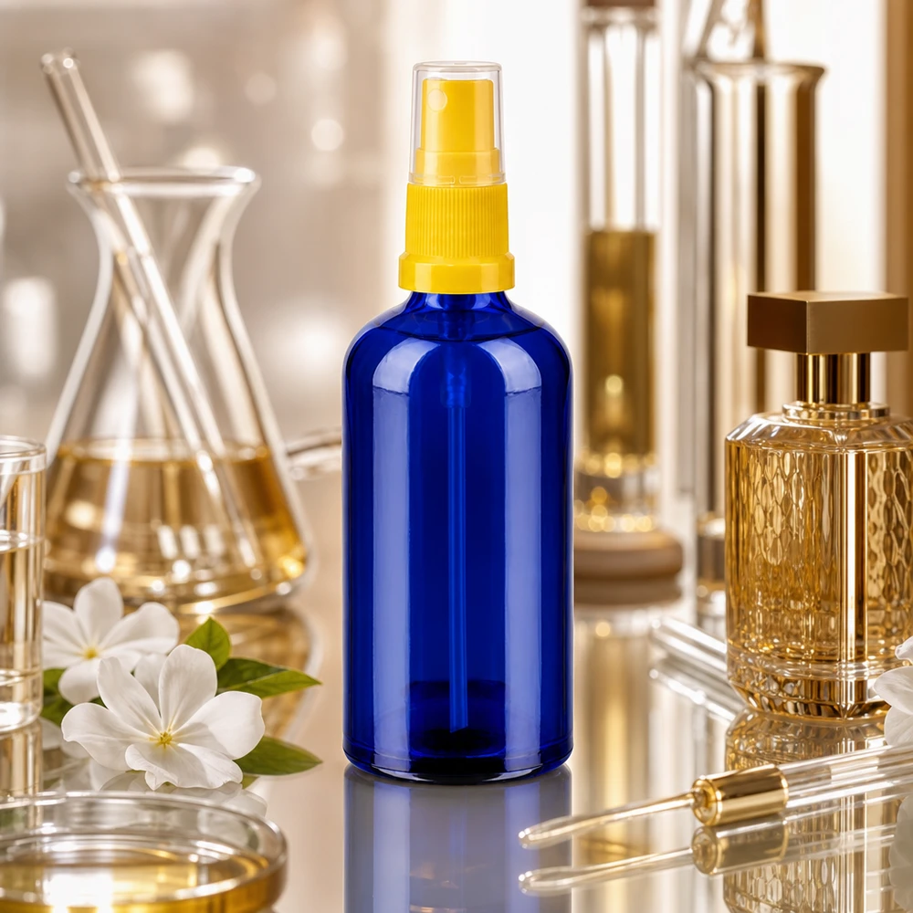 100 ml butelka ze spryskiwaczem żółta/przezroczysta STD BlueLine UT18/100 Profesjonalna szklana butelka z rozpylaczem o pojemności 100 ml z gwintem STD do zastosowań w aromaterapii