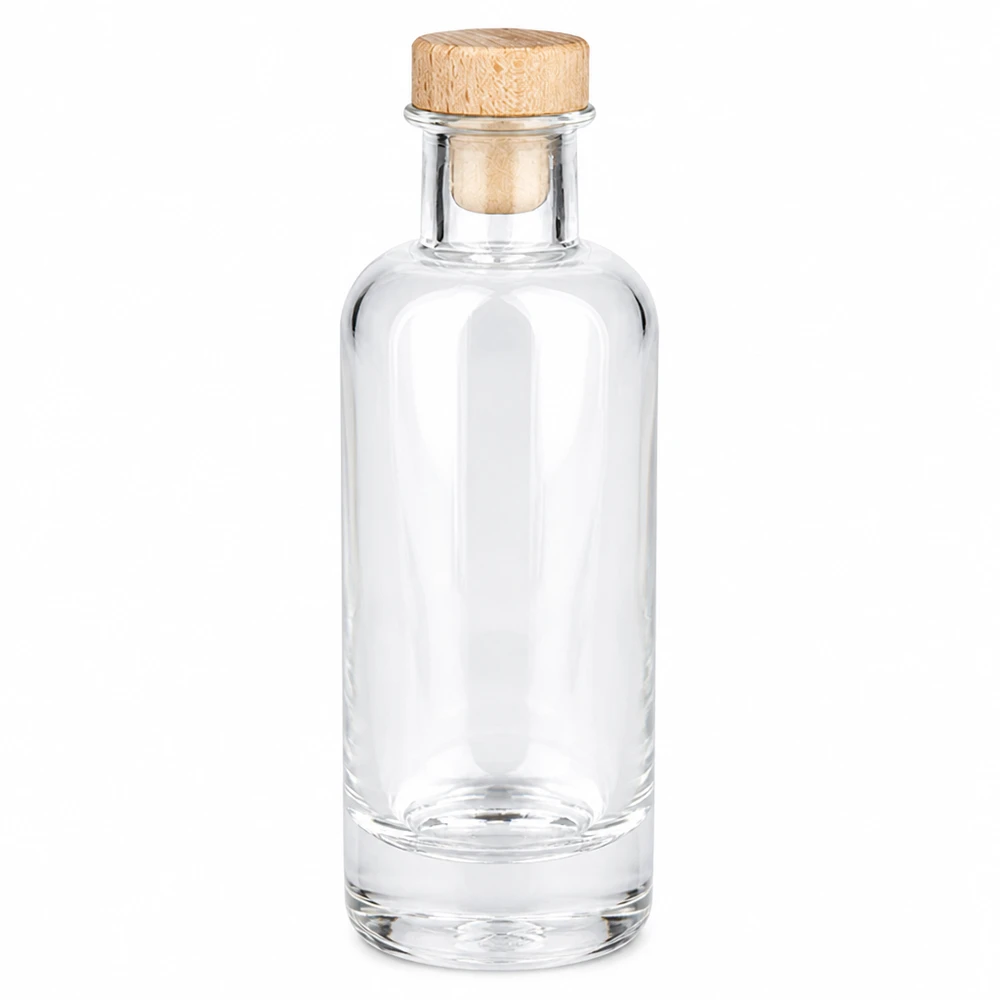 200ml szklana butelka Ella z drewnianym korkiem przezroczysta pusta Zdjęcie produktu na białym tle