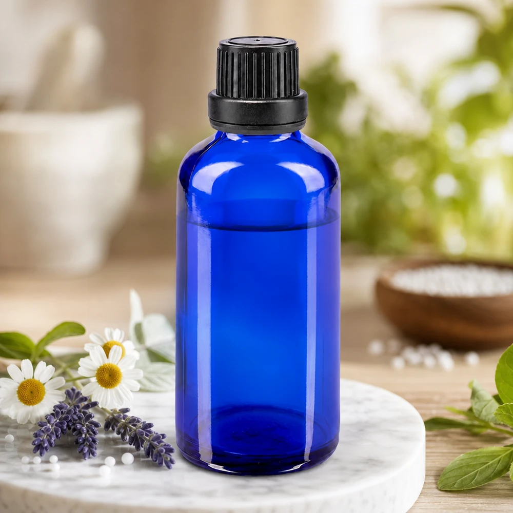 Butelka apteczna niebieska 50ml zakrętka czarna szczelna OV Szklana butelka o pojemności 50 ml w kolorze kobaltowym z czarną zakrętką, otoczona kwiatami lawendy i rumianku