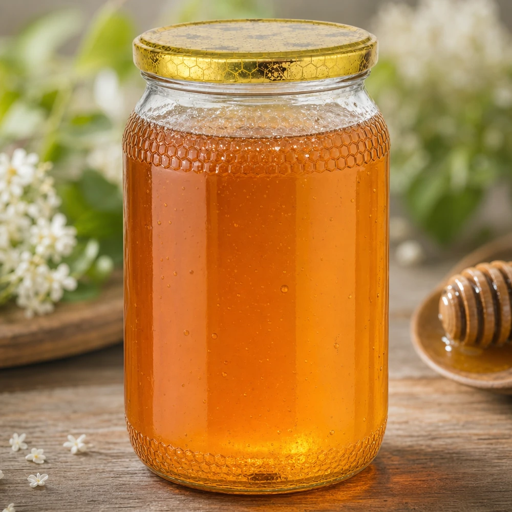 900ml słoik na miód wypełniony miodem złota pokrywka o strukturze plastra miodu drewniane tło łyżka do miodu pszczelarstwo produkt naturalny