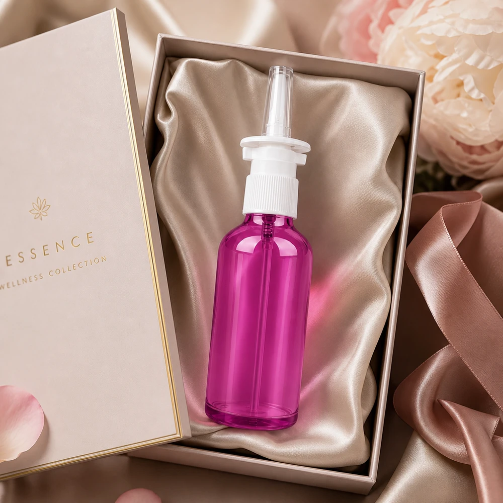 Butelka z rozpylaczem do nosa 50ml biała/przezroczysta standard PurpleLine. UT18/50 Butelka z aerozolem do nosa o pojemności 50 ml z białą główką rozpylającą i nasadką ochronną w luksusowym fioletowym wykończeniu
