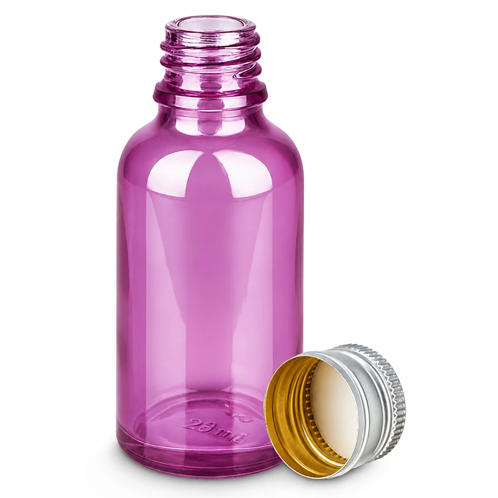 Butelka 30ml 11mm zakrętka aluminiowo-srebrna standard PurpleLine.UT18/30 Fioletowa butelka z zakraplaczem o pojemności 30 ml i aluminiową pokrywką do olejków eterycznych i kosmetyków