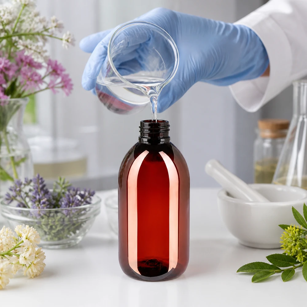 Butelka PET 250 ml z brązową nakrętką OV Handliche PET Flasche 250ml in Bernsteinfarbe mit Originalitätsverschluss beim professionellen Abfüllen