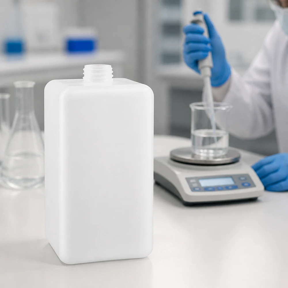 Butelka z wąską szyjką z PE-HD o pojemności 1500 ml, z gwintem GL 32, obok kolby Erlenmeyera na białym stole laboratoryjnym