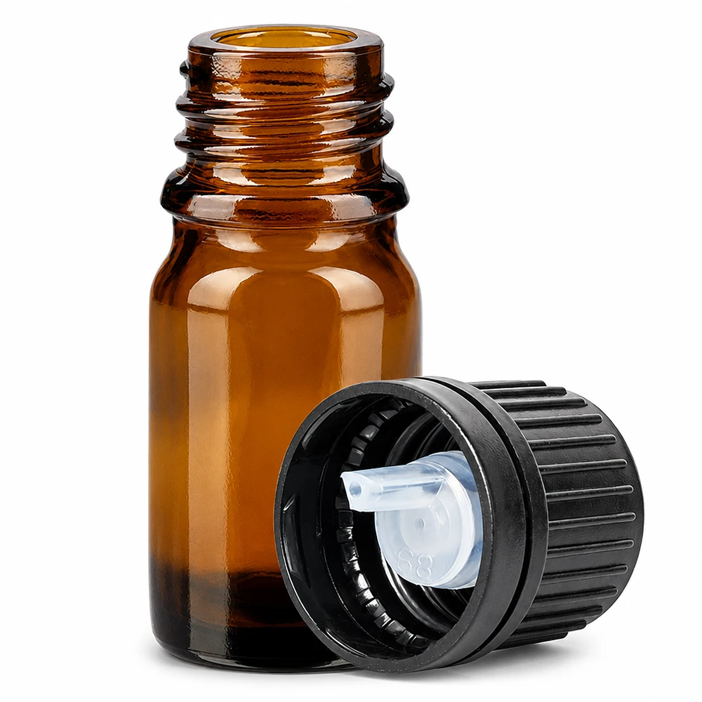 Butelka z zakraplaczem 5 ml 1 mm czarna OV BrownLine UT18/5 Butelka z zakraplaczem o pojemności 5 ml z bursztynowego szkła z otworem 1 mm i czarną zakrętką z serii BrownLine