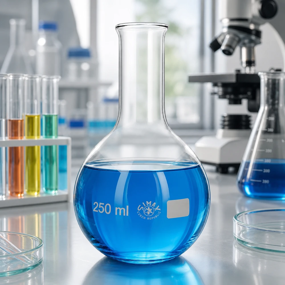 Kolba stojąca 250 ml z wąską szyjką z niebieską cieczą w laboratorium