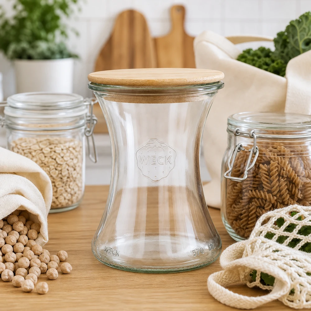 Słoik delikatesowy WECK 370ml RR80 z drewnianą pokrywką w kuchni zero waste z ekologicznymi słoikami do przechowywania i materiałowymi torbami