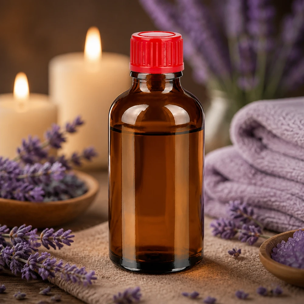 Mała butelka na lek o pojemności 50 ml wykonana z bursztynowego szkła z ochroną UV i standardową czerwoną zakrętką