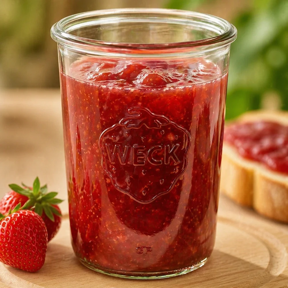 Kubki o pojemności 850 ml WECK RR100 850ml WECK Sturzglas RR100 mit Erdbeermarmelade gefüllt auf Holzbrett neben frischen Erdbeeren und Brot