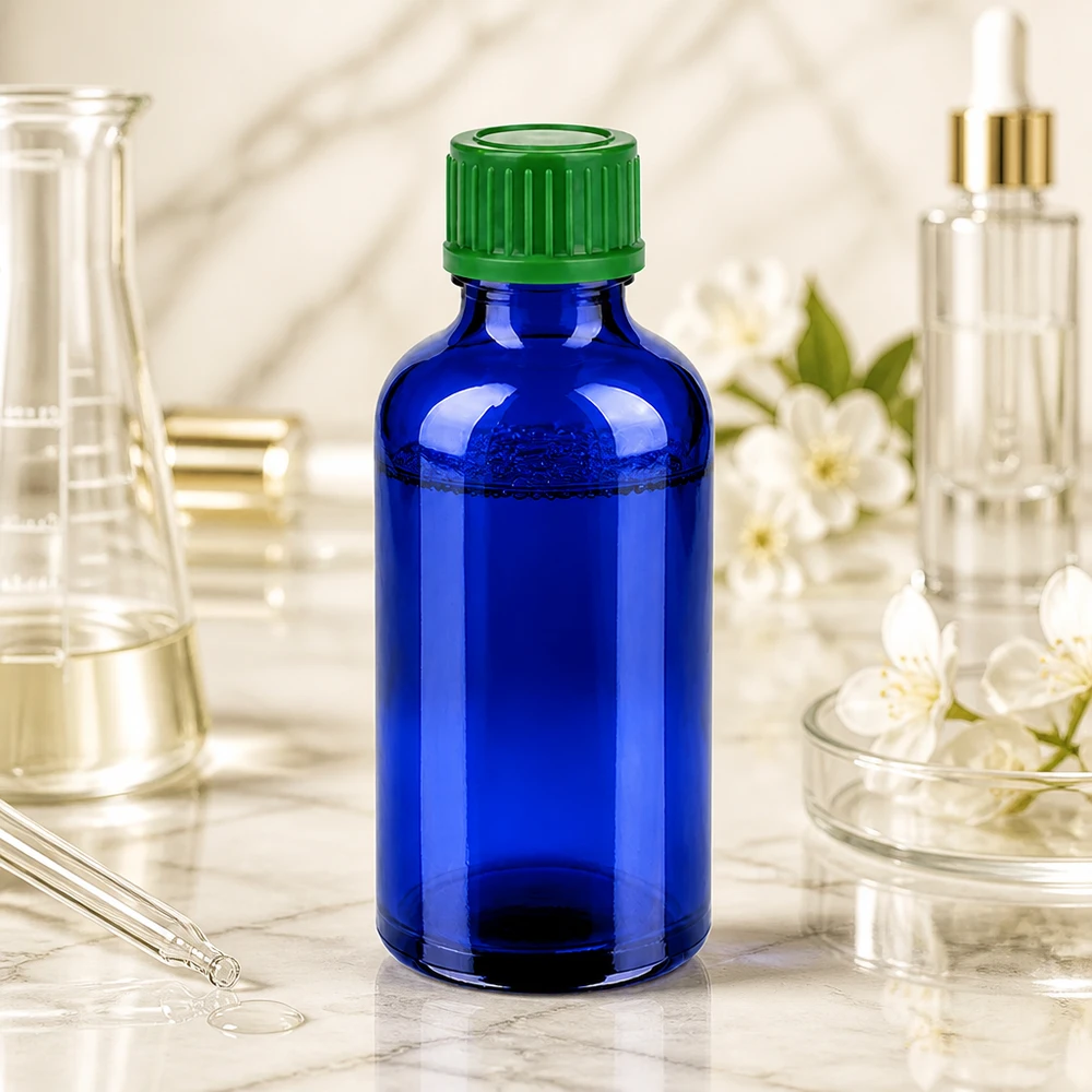 Niebieska szklana butelka o pojemności 50 ml z zakrętką 11 mm do precyzyjnego dozowania esencji