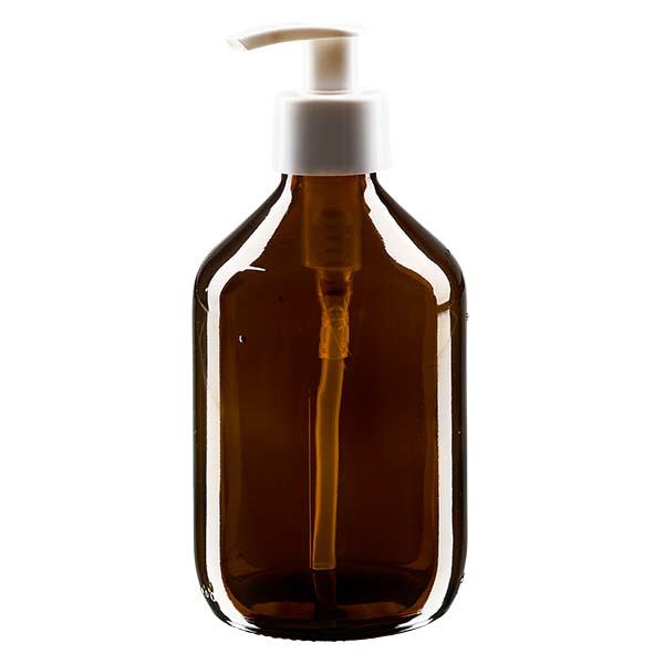 Butelka na lek 300 ml brązowa, z pompką dozującą białą ApoGlas. Farmaceutyczna jakość produkcji UE. Gwint 28 mm (PP28). (syrop, butelka z lekkiego szkła) Butelka na lek 300 ml brązowa, z pompką dozującą białą ApoGlas. Farmaceutyczna jakość produkcji UE. Gwint 28 mm (PP28). (syrop, butelka z lekkiego szkła)