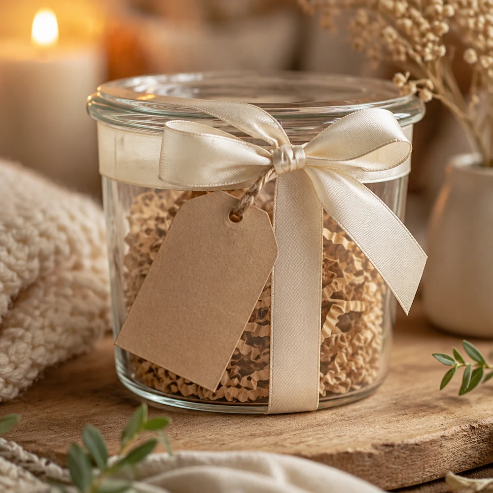 Słoik z wywiniętym brzegiem WECK RR40, 35 ml WECK Sturzglas 35ml mit Schleife und Anhänger als Geschenkverpackung für Gewürze und kleine Leckereien