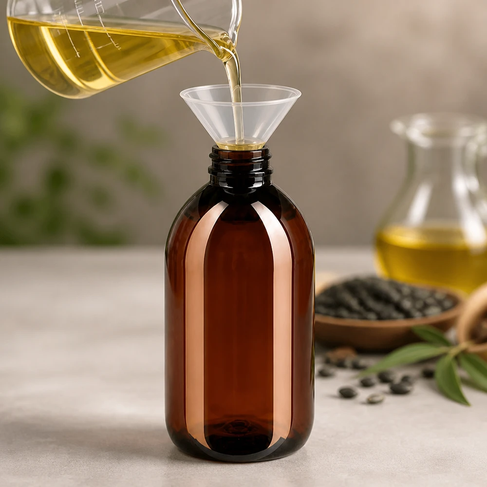 Napełnianie brązowej butelki PET o pojemności 250 ml żółtym olejem za pomocą lejka i czerwonego korka odgazowującego