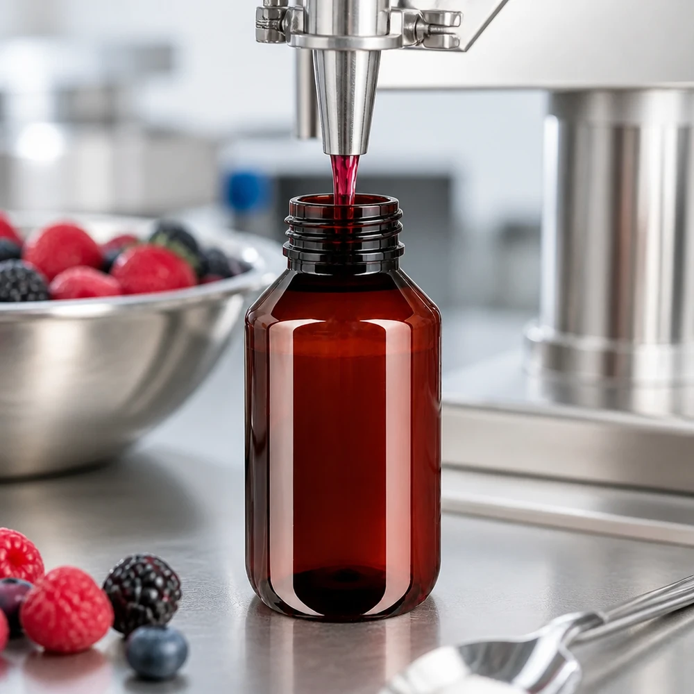 Brązowa butelka PET o pojemności 100 ml z niebieskim zamknięciem zabezpieczającym jest napełniana sokiem jagodowym