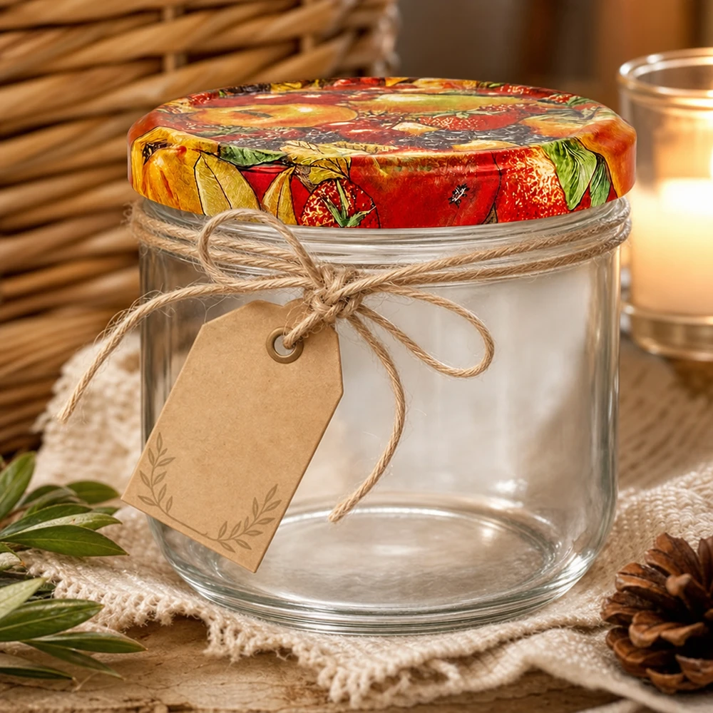 Szklanka z pokrywką BasicSeal z motywem owocowym UN.. 260ml Sturzglas mit Obst-Dekor Deckel und rustikaler Geschenkverpackung mit Juteschnur und Anhänger