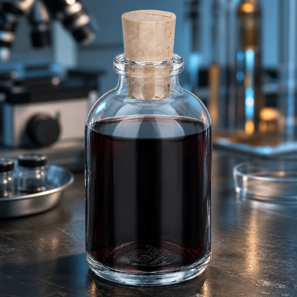Przezroczysta szklana butelka 50 ml z korkiem 11/14 mm Borosilikatglasflasche 50ml mit Korkstopfen im professionellen Laborumfeld mit Mikroskop