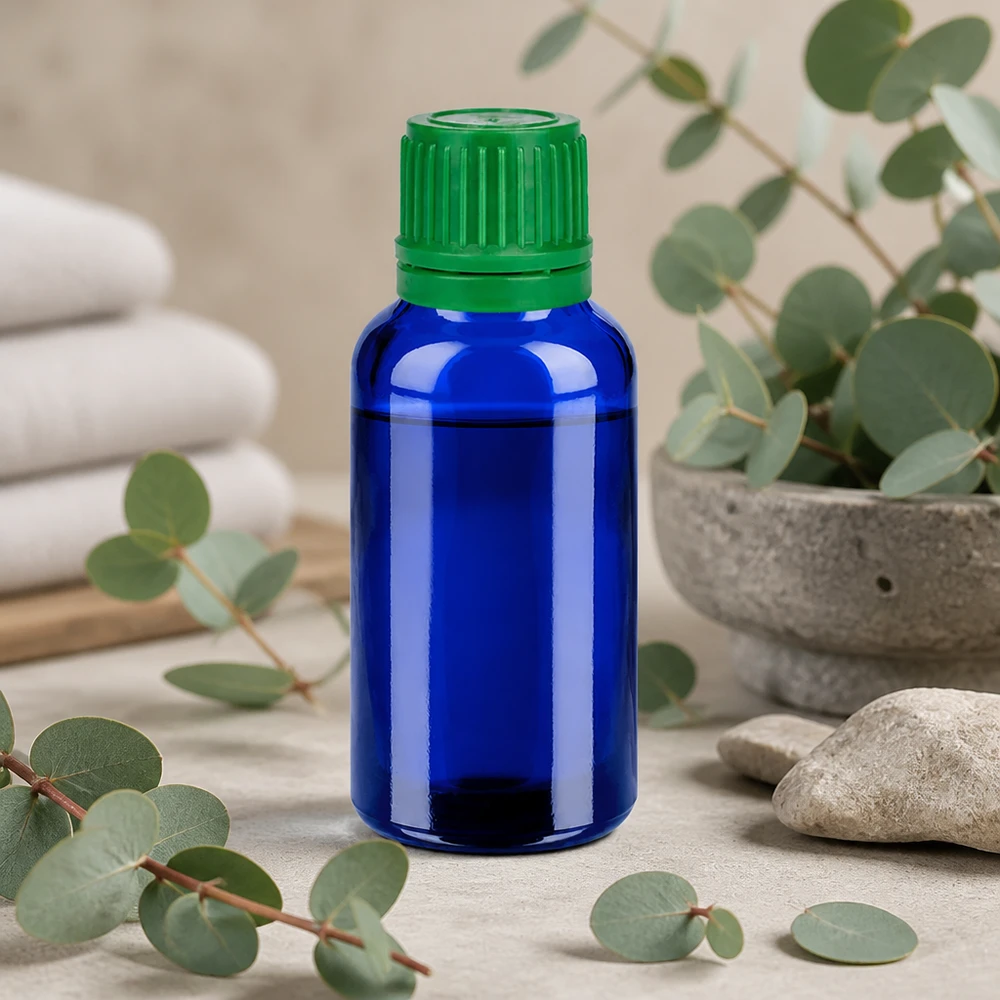 Szklana butelka 30 ml w jasnoniebieskim kolorze z zieloną zakrętką do kosmetyków naturalnych