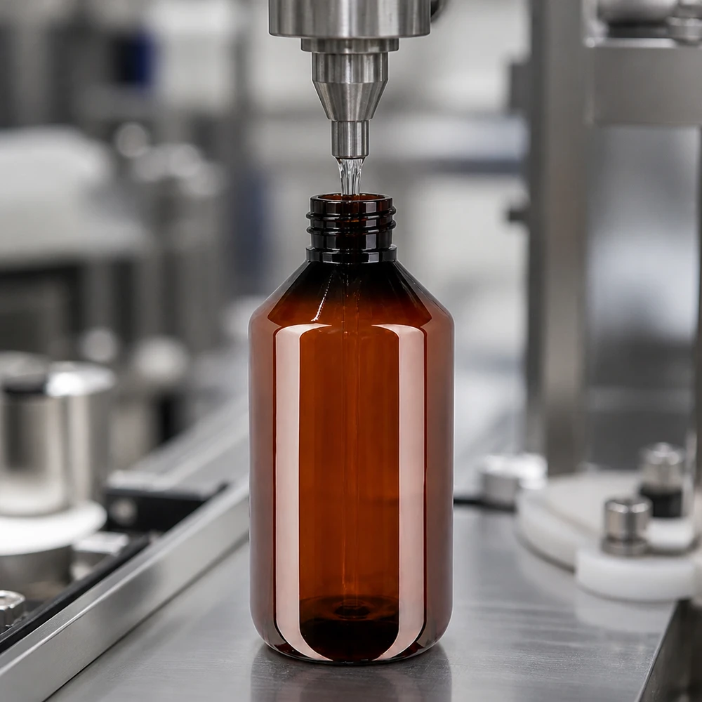 Linia rozlewnicza napełnia przemysłowo brązowe butelki PET o pojemności 500 ml z zamknięciem odgazowującym