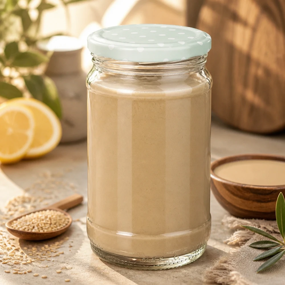 Tahini w okrągłym słoiku UNiTWIST o pojemności 370 ml z pokrywką BasicSeal w kolorze miętowo-zielonym w kropki, obok sezamu i cytryny
