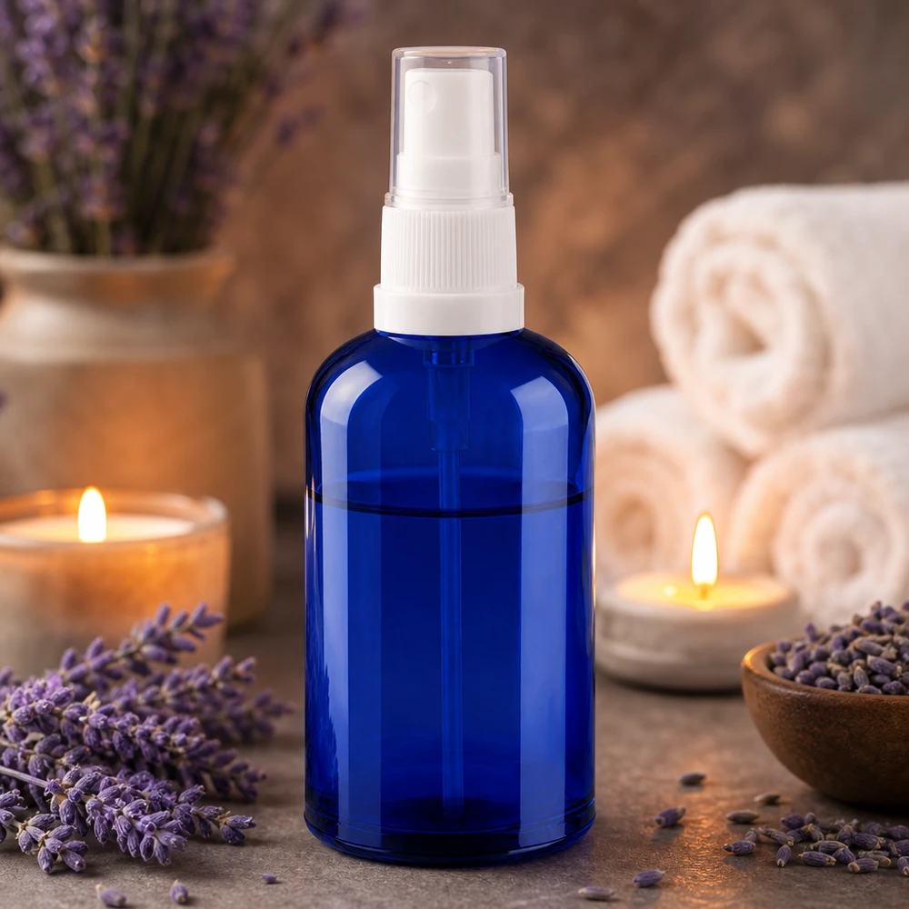 100 ml butelka ze spryskiwaczem biała/przezroczysta STD BlueLine UT18/100 Niebieska szklana butelka z rozpylaczem o pojemności 100 ml i białą pompką do aromaterapii i odnowy biologicznej