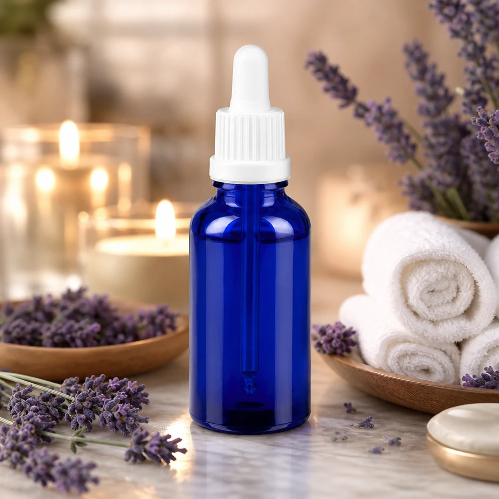 Butelka z pipetą 30 ml biała OV BlueLine UT18/30 30 ml butelka z pipetą w kolorze kobaltowego błękitu z zakraplaczem do aromaterapii i olejków eterycznych BlueLine UT18