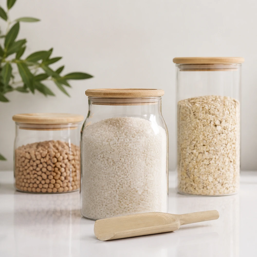 Drewniany czerpak L 18cm płaski obok słoików do przechowywania ryżu, zbóż i roślin strączkowych Akcesoria kuchenne Zero Waste