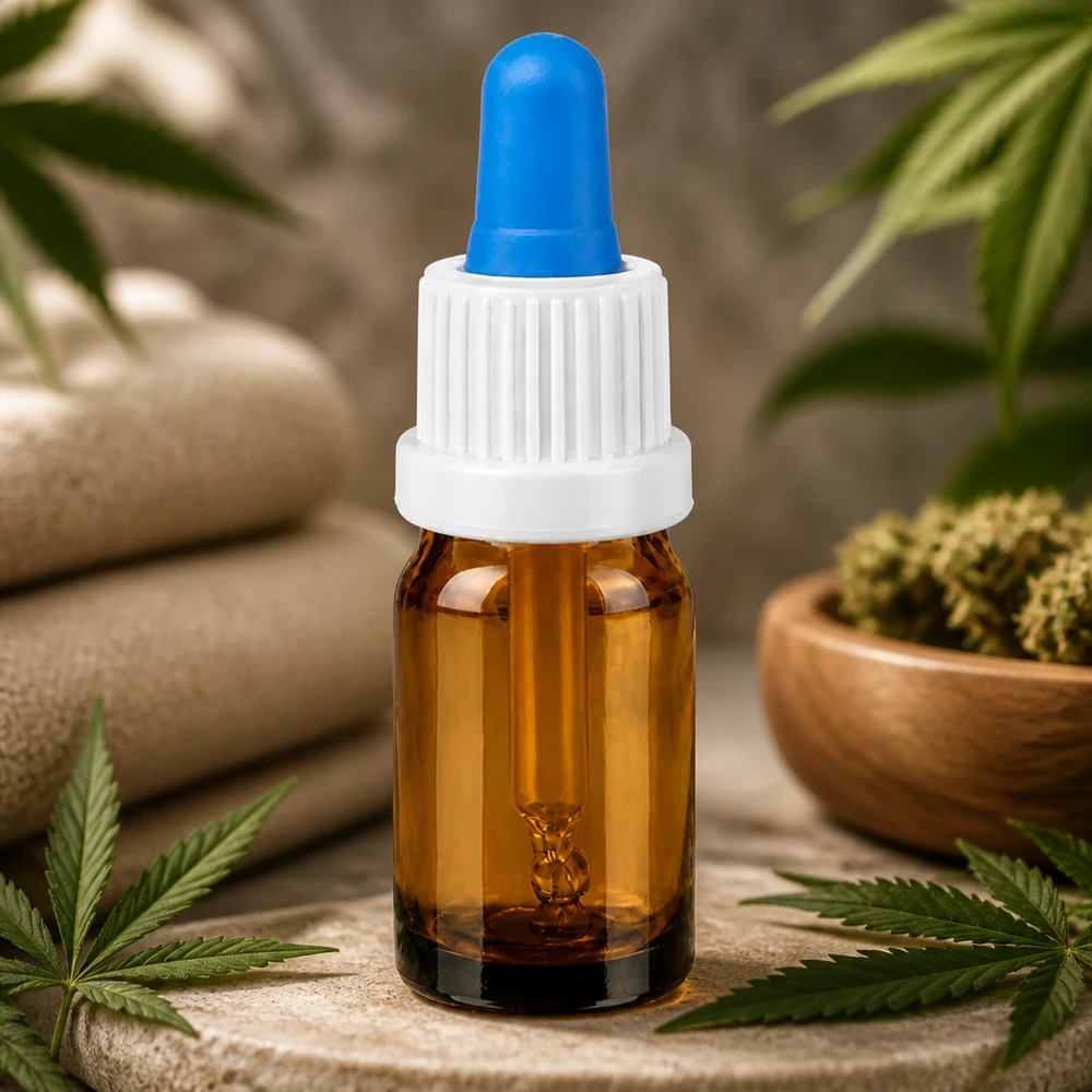 Butelka do leków płynnych 5 ml biała/niebieska OV BrownLine UT18/5 Mała buteleczka z pipetą o pojemności 5 ml w kolorze bursztynowym z białą zakrętką i niebieskim zakraplaczem do olejków eterycznych