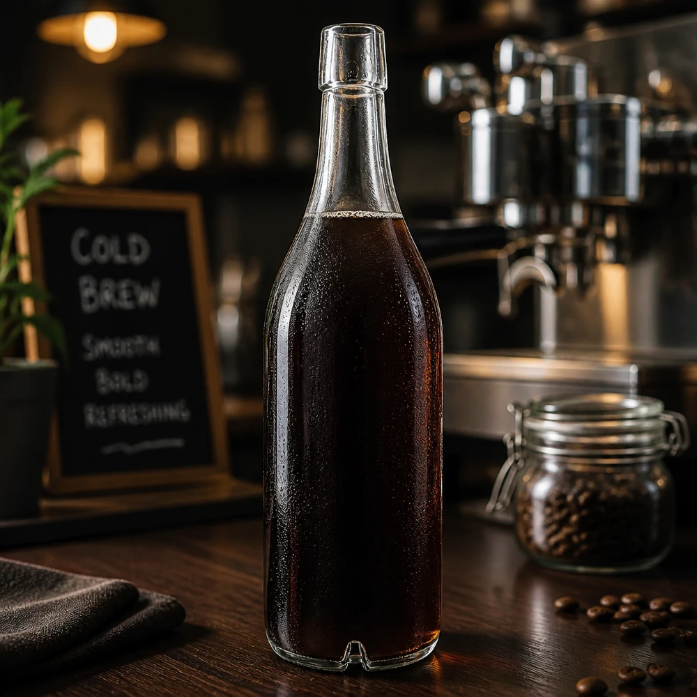 Butelka szklana 1000 ml bez zamknięcia typu UNiTWIST 1000ml szklana butelka UNiTWIST wypełniona kawą ziarnistą Cold Brew Coffee atmosfera kawy zakrętka ciemna