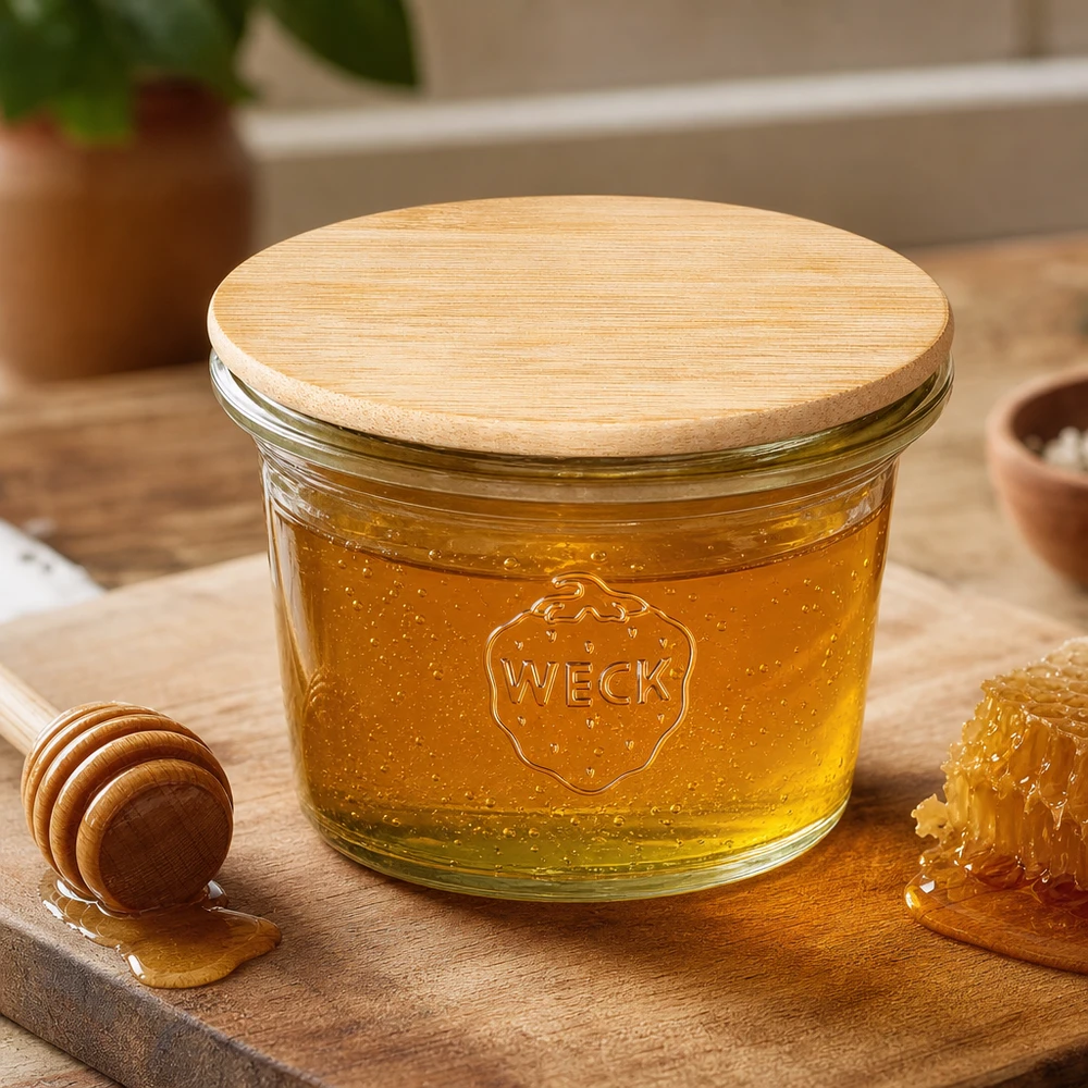 WECK RR40 35ml słoik z bambusową drewnianą pokrywką wypełniony miodem obok łyżki miodu i plastra miodu na drewnianej podstawie