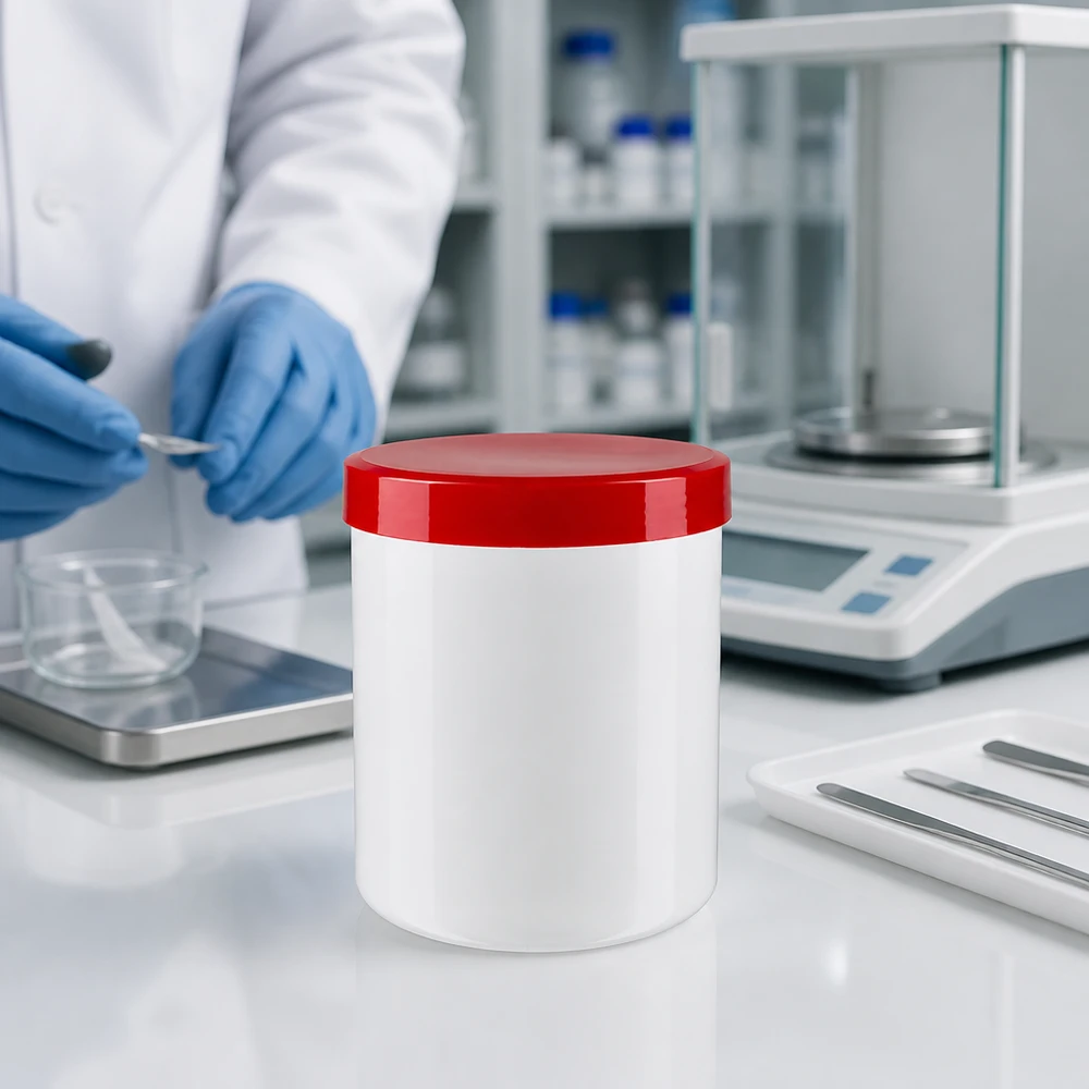 Słoik na maść przeznaczony do aptek, 30 g, w kolorze białym z czerwoną zakrętką z PP, stosowany w warunkach laboratoryjnych