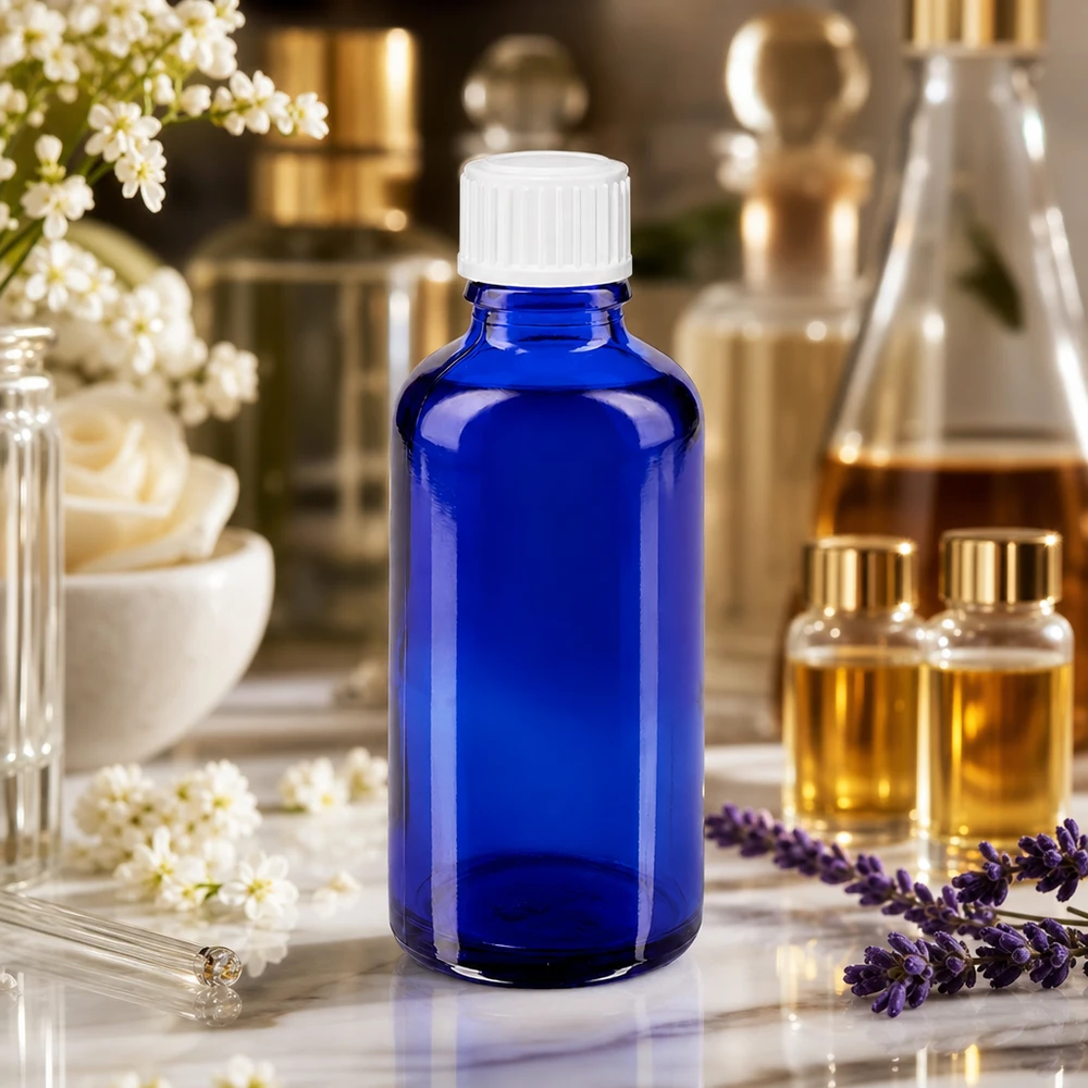Butelka apteczna niebieska 50ml zakraplacz biały 0,8mm szt. Cylindryczna butelka z zakraplaczem o pojemności 50 ml, wykonana z kobaltowo-niebieskiego szkła z ochroną przed promieniowaniem UV, z białą nakrętką dozującą