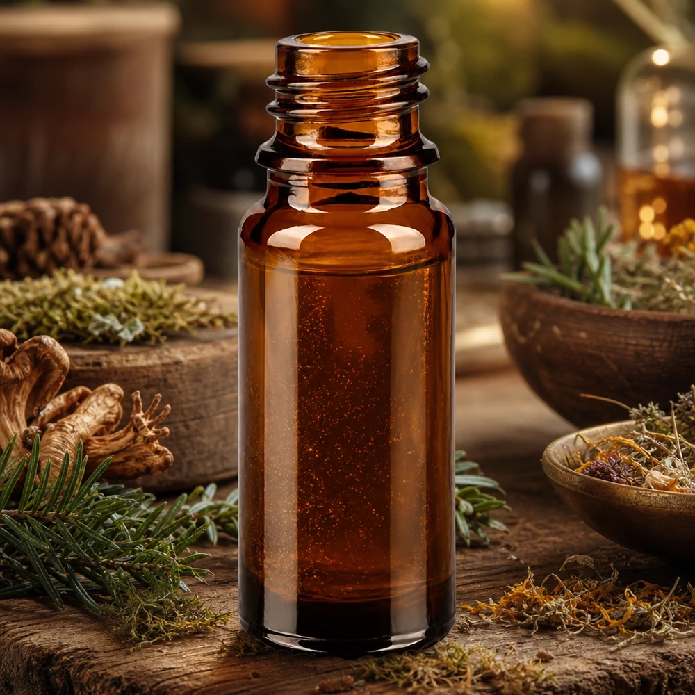 10 ml brązowa butelka apteczna ApoGlas z szyszkami i drzewami iglastymi do naturalnych leków i nalewek