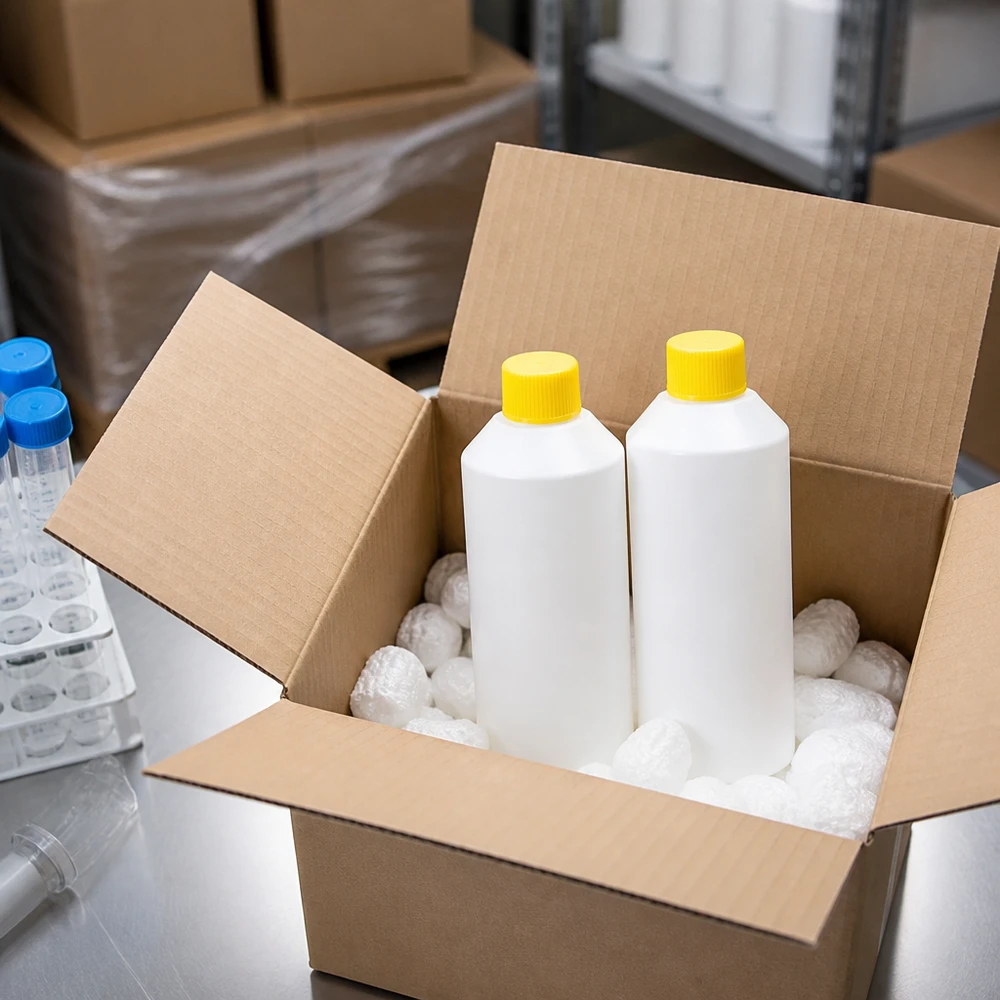 Dwie białe butelki apteczne z HDPE o pojemności 250 ml z żółtym znakiem SV, zapakowane w karton z wiórkami styropianowymi