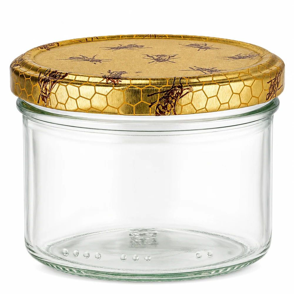 300g Honigglas mit Bienenwabe Deckel BasicSeal UNiTWIST Pusty szklany słoik na miód 300 g ze złotą zakręcaną pokrywką w kształcie plastra miodu do miodu i dżemu