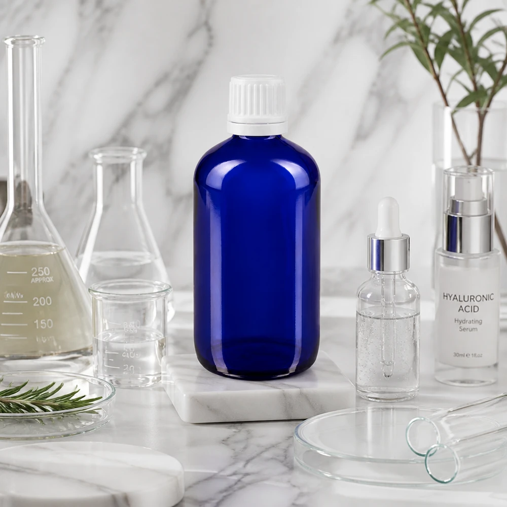Niebieska szklana butelka o pojemności 100 ml z zakrętką OV obok serum z kwasem hialuronowym i sprzętem laboratoryjnym na marmurze
