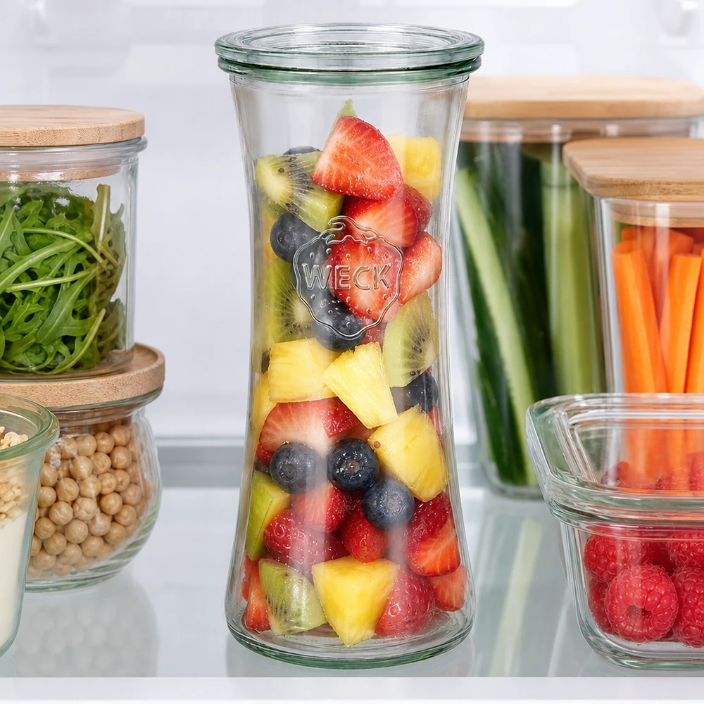 Słoik delikatesowy 700ml ze szklaną pokrywką WECK RR80 WECK Delikatessenglas 700ml RR80 mit buntem Obstsalat im Kühlschrank - perfekte Vorratshaltung für frische Früchte
