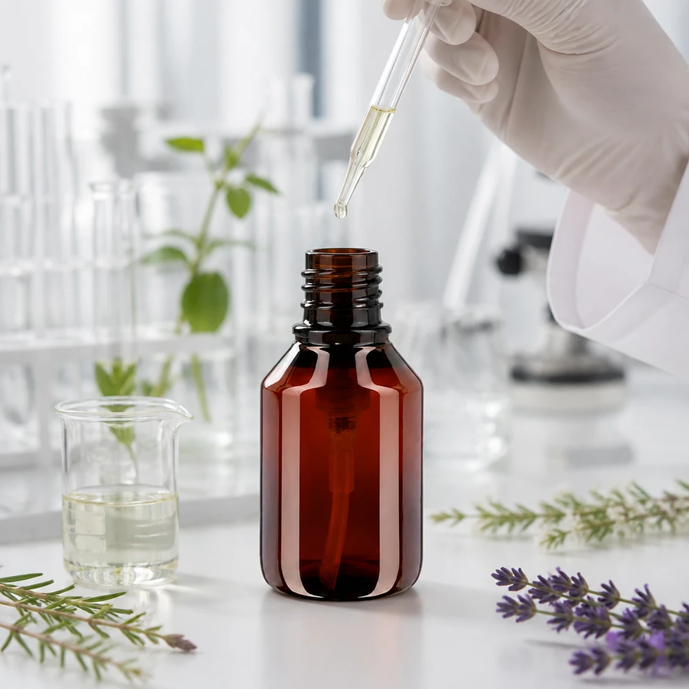 Butelka PET o pojemności 50 ml w kolorze bursztynowym z czarną pompką dozującą w laboratorium z zapachem lawendy i rozmarynu