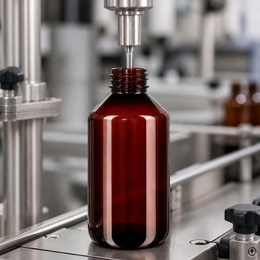 Linia rozlewnicza z brązowymi okrągłymi butelkami PET o pojemności 500 ml i zakrętkami w produkcji przemysłowej