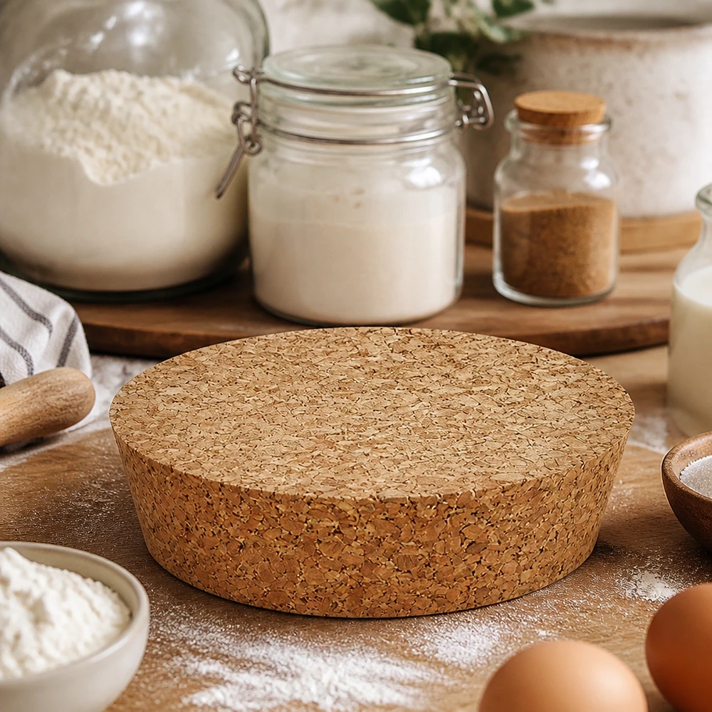 Korek WECK RR80 naturalny korek okrągły na blat do pieczenia z mąką jajkami składnikami do pieczenia rustykalna dekoracja kuchni naturalna