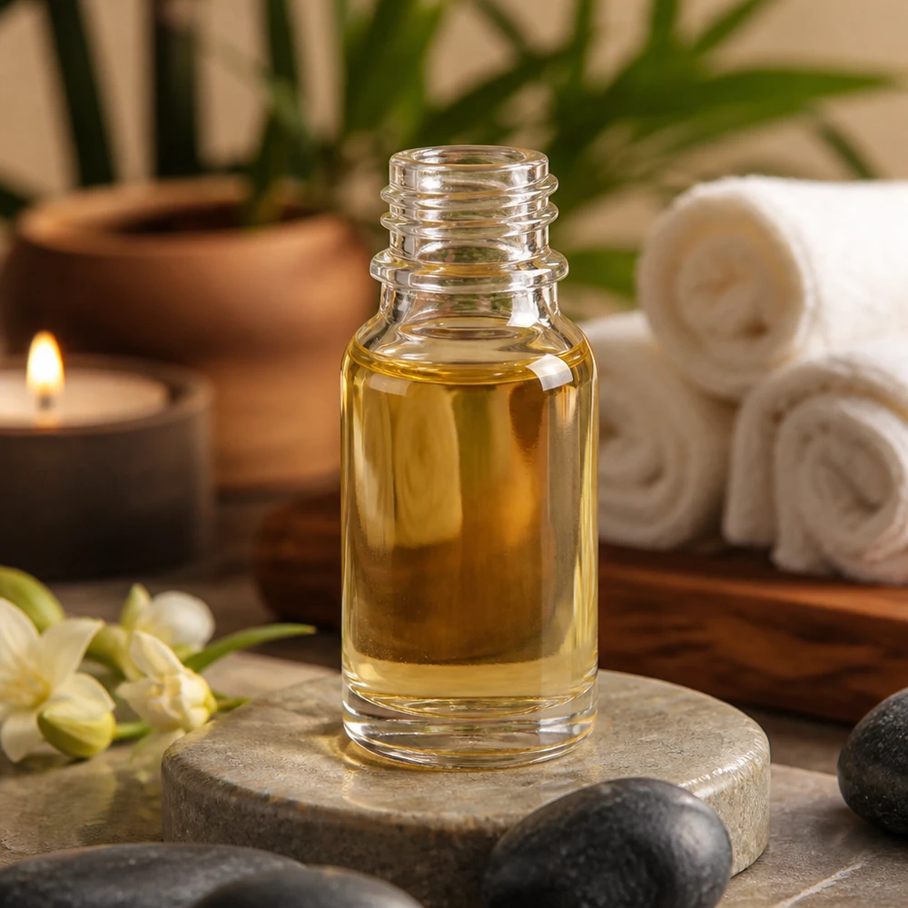10 ml buteleczka z przezroczystego szkła z olejkiem eterycznym w atmosferze spa, z świecą i ręcznikami