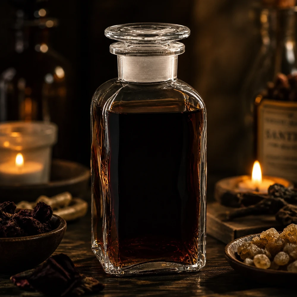 Kwadratowa butelka 350 ml, przezroczysta, szklana zatyczka z szeroką szyjką Kwadratowa butelka o pojemności 350 ml, z przezroczystego szkła, z szklanym korkiem, wypełniona ciemnym wyciągiem ziołowym