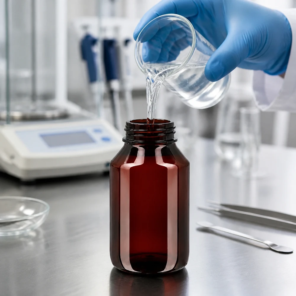 Laborant napełnia brązową butelkę PET o pojemności 50 ml z zielonym zamknięciem typu OV przezroczystym płynem