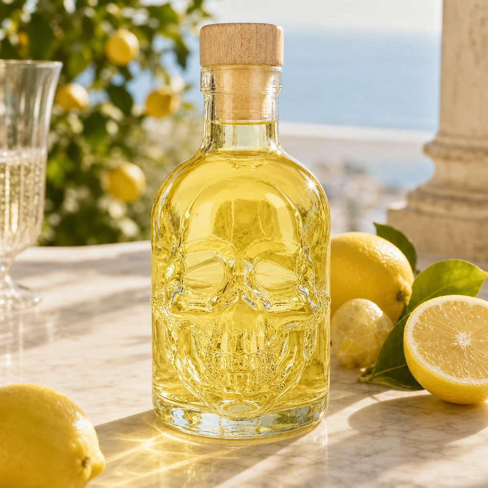 Dekorative Glasflasche Jack 200ml mit gelbem Inhalt zwischen Zitronen, stilvolle Küchendeko mit Totenkopf-Relief