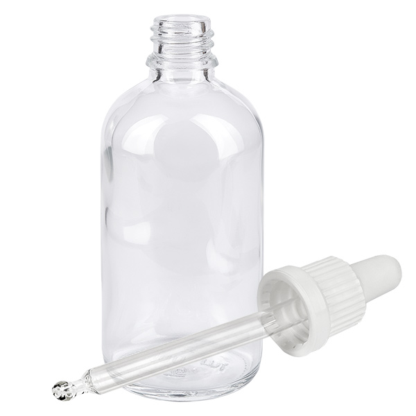 100 ml butelka z pipetą biała OV ClearLine UT18/100 Pusta szklana butelka o pojemności 100 ml z białą plastikową pipetą, przeznaczona do zastosowań laboratoryjnych
