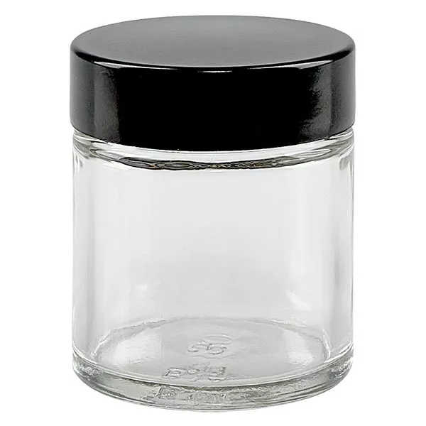 Przezroczysty szklany słoik 30 ml z czarną bakelitową pokrywką ApoGlas. Farmaceutyczna jakość produkcji UE. Bezpieczny dla żywności. Elegancka prezentacja zawartości. Przezroczysty szklany słoik 30 ml z czarną bakelitową pokrywką ApoGlas. Farmaceutyczna jakość produkcji UE. Bezpieczny dla żywności. Elegancka prezentacja zawartości.