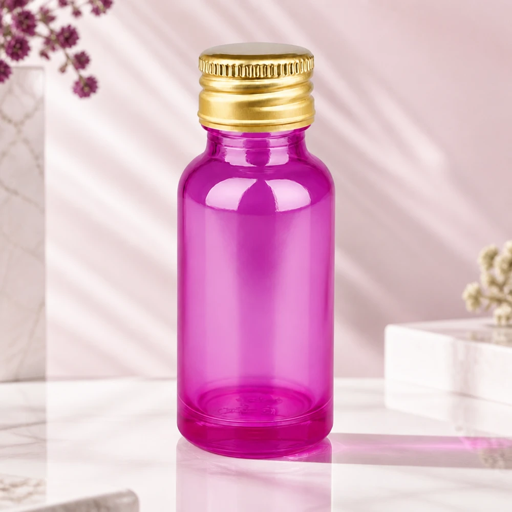 Butelka 20ml 11mm zakręcana aluminiowa złota standardowa PurpleLine. UT18/20 Kompaktowa butelka z fioletowego szkła o pojemności 20 ml ze standardowym gwintem 11 mm i złotą zakrętką do użytku mobilnego