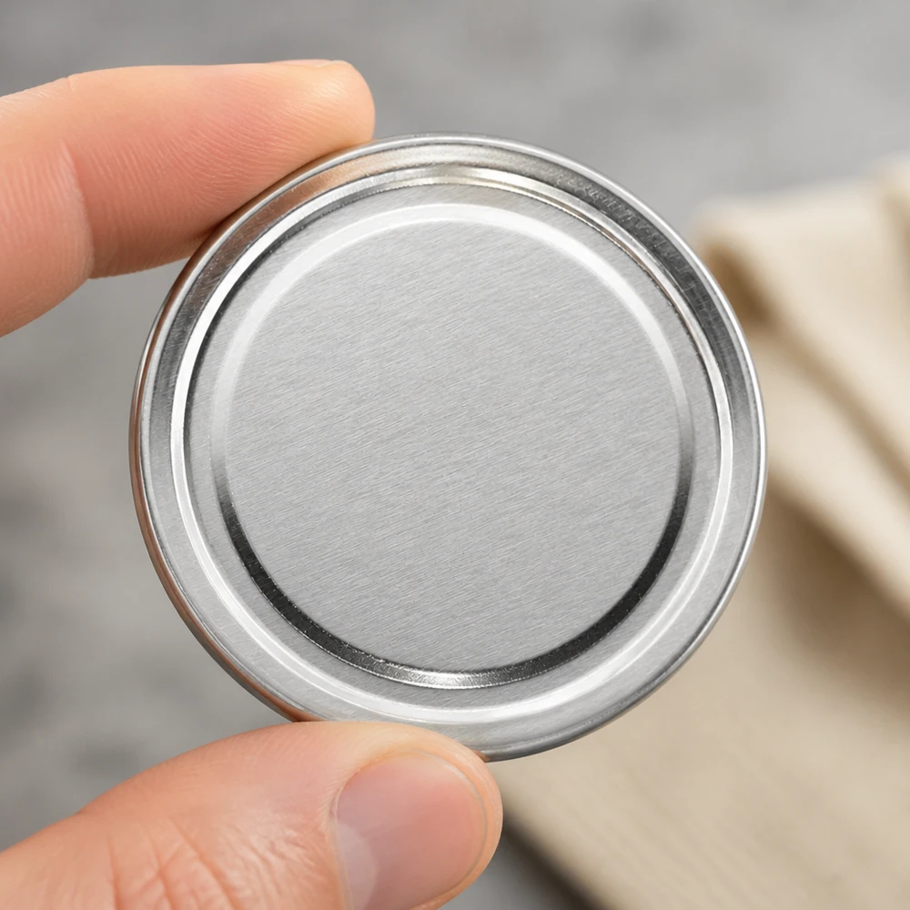 Zbliżenie na srebrną okrągłą metalową nakrętkę 63 mm typu „twist-off” BasicSeal UNiTWIST