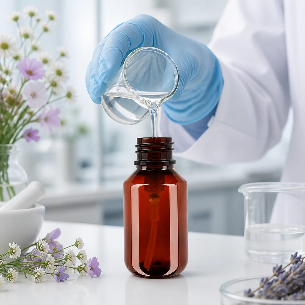 Naukowiec napełnia w laboratorium bursztynową butelkę PET o pojemności 100 ml z czarną pompką dozującą