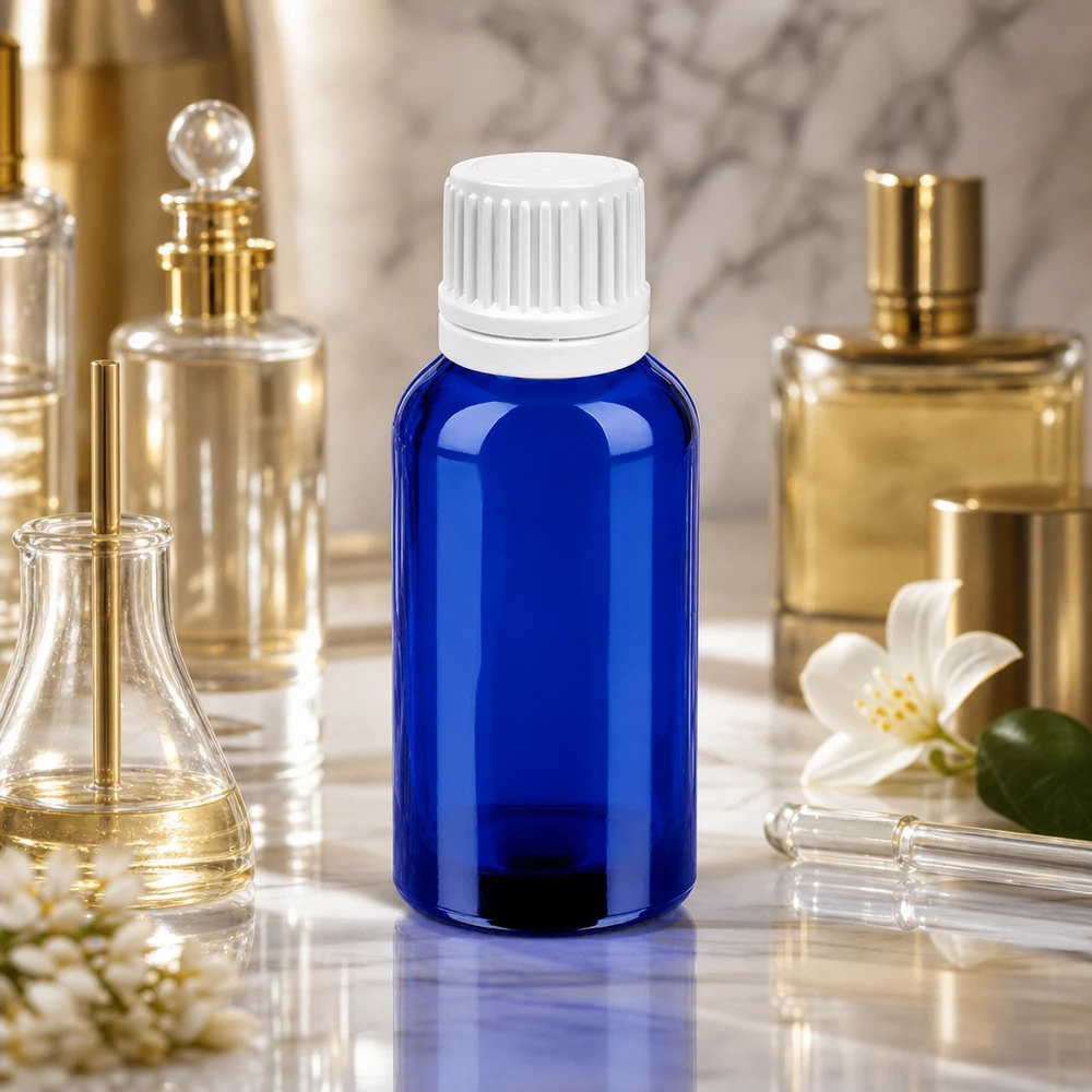 Butelka z kroplomierzem 30 ml 0,7 mm biała OV BlueLine UT18/30 Wysokiej jakości butelka z zakraplaczem o pojemności 30 ml wykonana z niebieskiego szkła z białą zakrętką UT18 do produktów kosmetycznych
