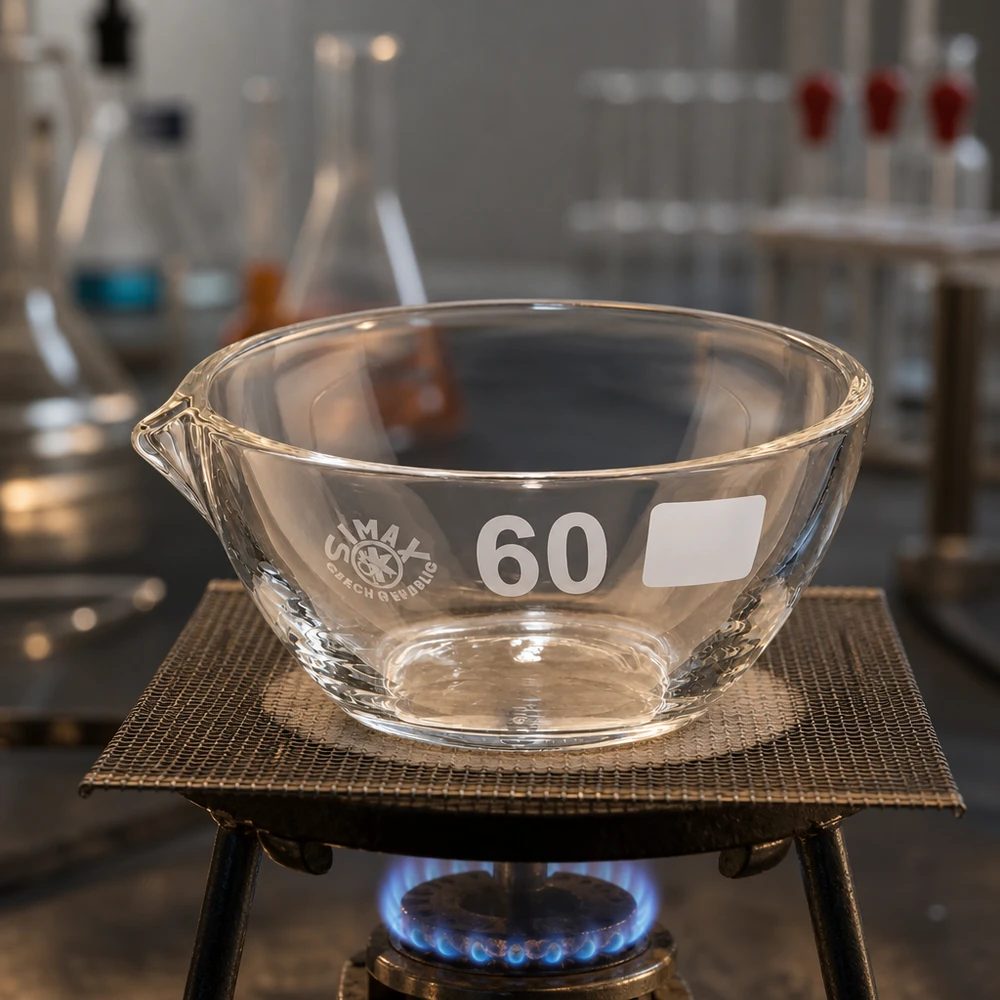 Naczynie do odparowywania o pojemności 45 ml z borokrzemianową wylewką Profesjonalne naczynie laboratoryjne 45 ml z wylewką ø60 mm wykonane z wysokiej jakości borokrzemianu do badań naukowych